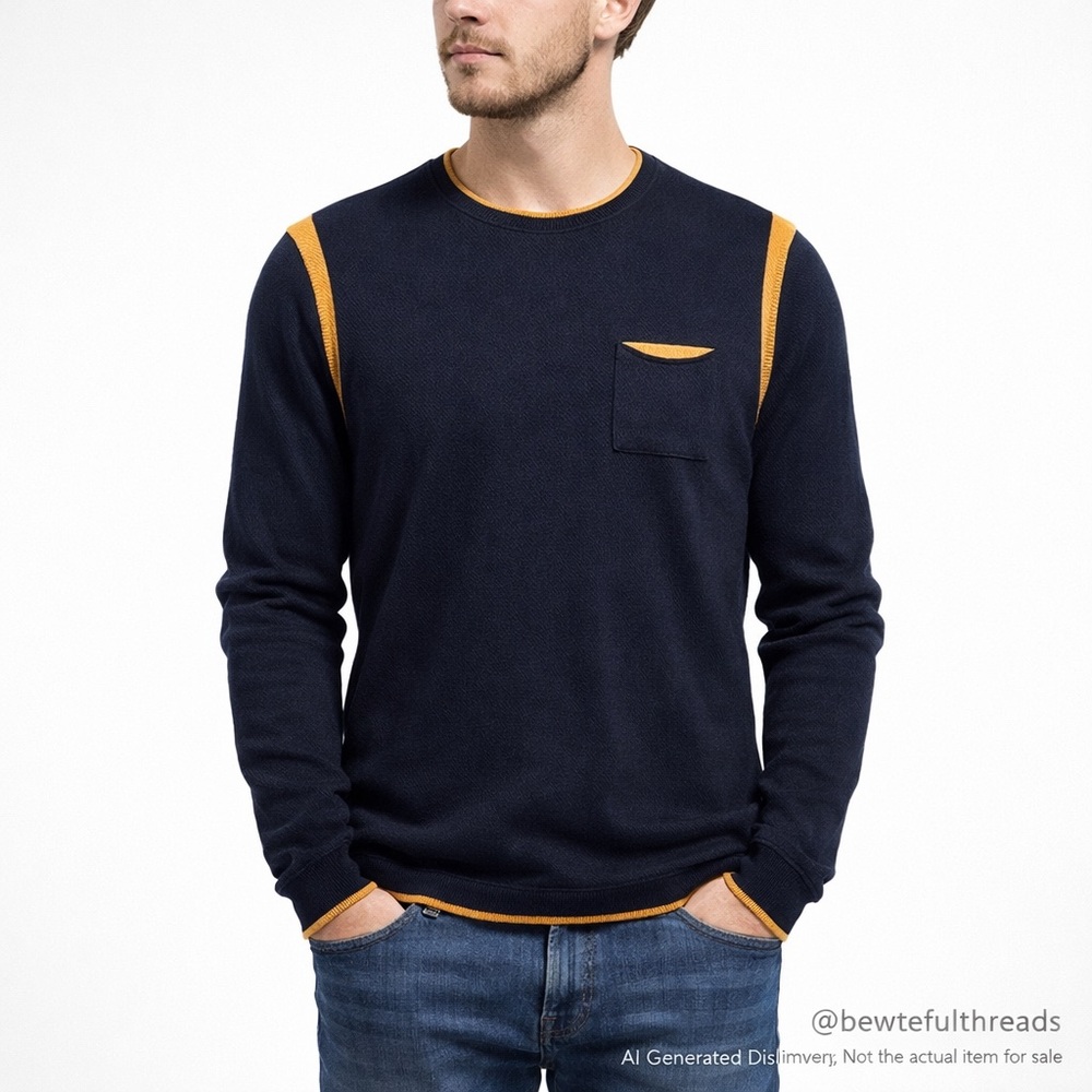 STONES Cotton Cashmere Navy Sweater Yellow Trim Pocket Men’s S
